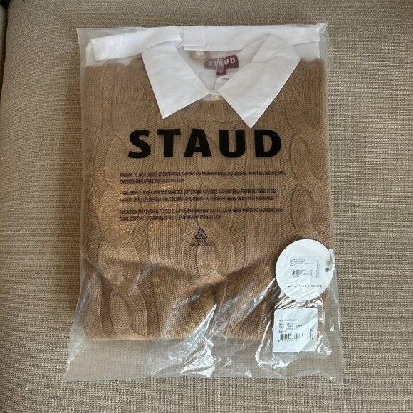 NWT STAUD Aldrin Sweater Shirt Mini Dress Medium Camel/White - Picture 5 of 10